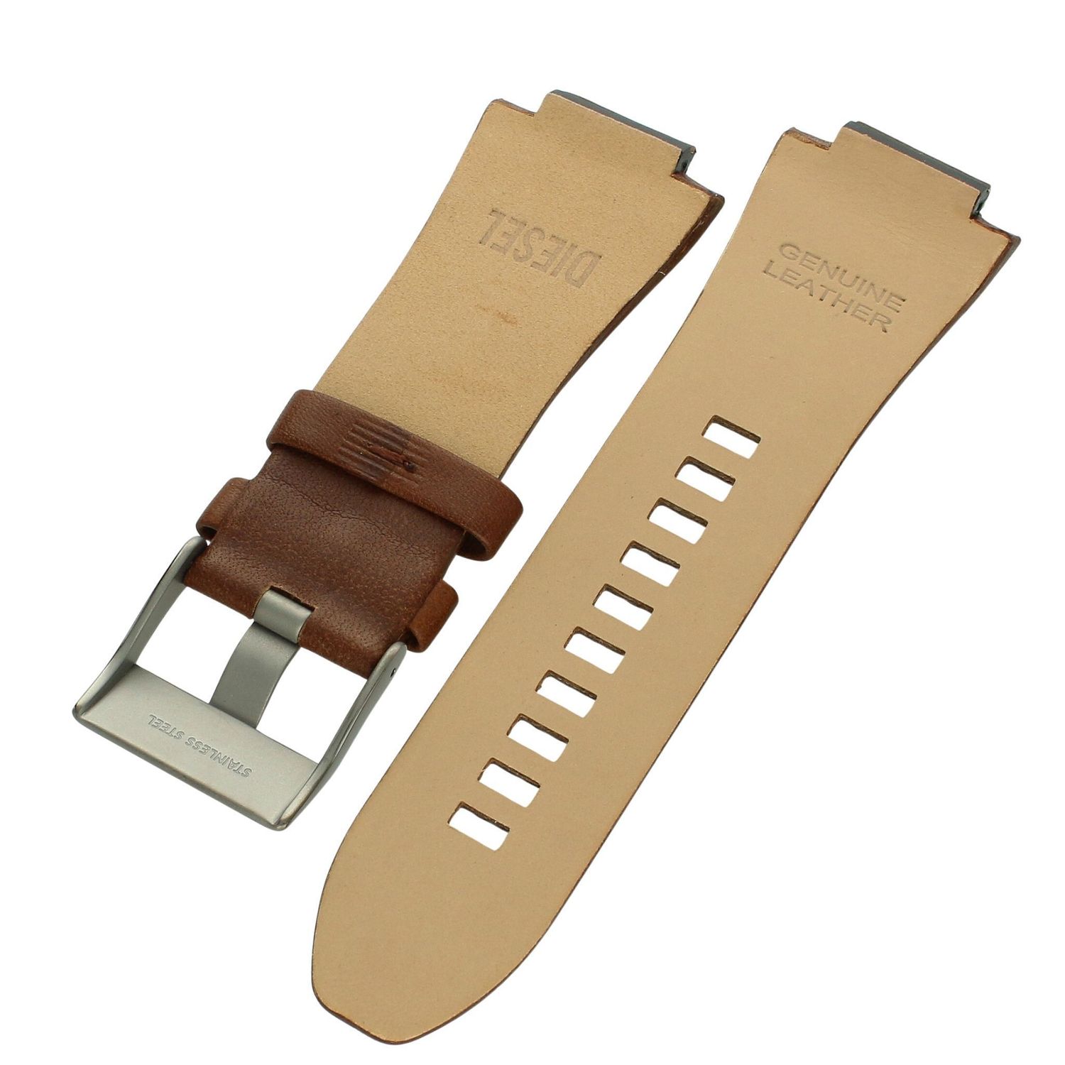 Brązowy pasek do zegarka Diesel ze skóry naturalnej. Szerokość mocowania 24 mm, 22 mm przy klamerce. Mocowanie na teleskopy. Sprzączka srebrna ze stali szlachetnej. Długość 12,5 cm + 7,5 cm. 1.jpg